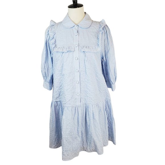 Sandy Liang x Target Blue & White Gingham Check Cropped Sleeve Babydoll Dress - Picture 2 of 10